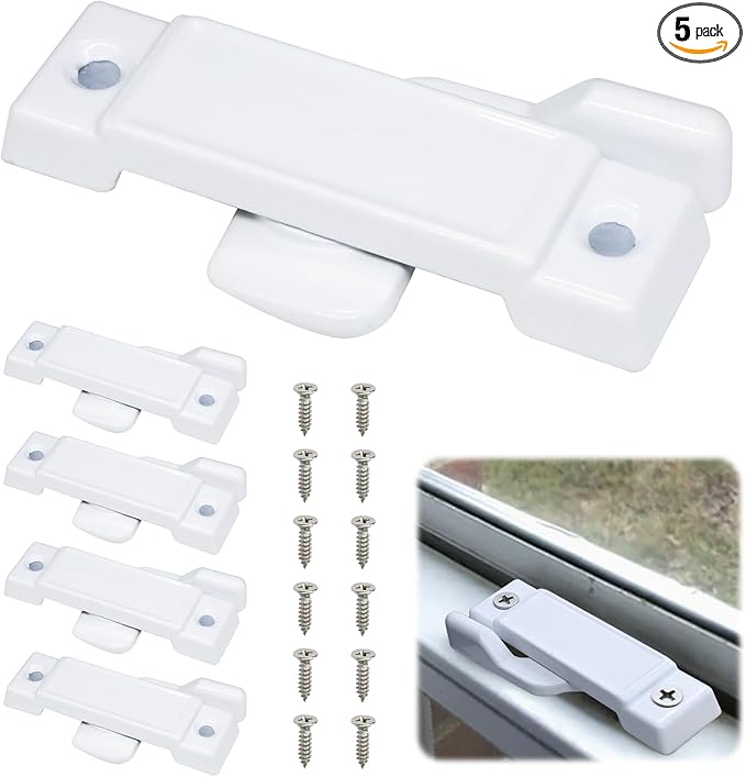 5Pcs F2590 Sash Lock - Replace Broken Window Locks, 2-1/4” Mounting Hole Centers, White Window Latch Replacement Parts for Vertical and Horizontal Sliding Windows