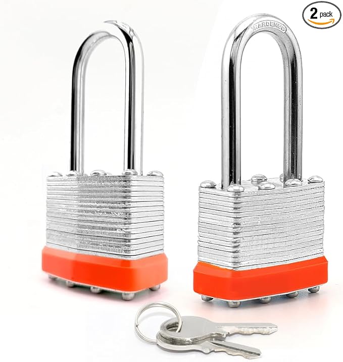 LanuBe Lock Laminated keyed Padlock (1-9/16", 40mm), keyed Alike Locks, Long Shackle,Marked Orange Plastic Hoop, Pack of 2