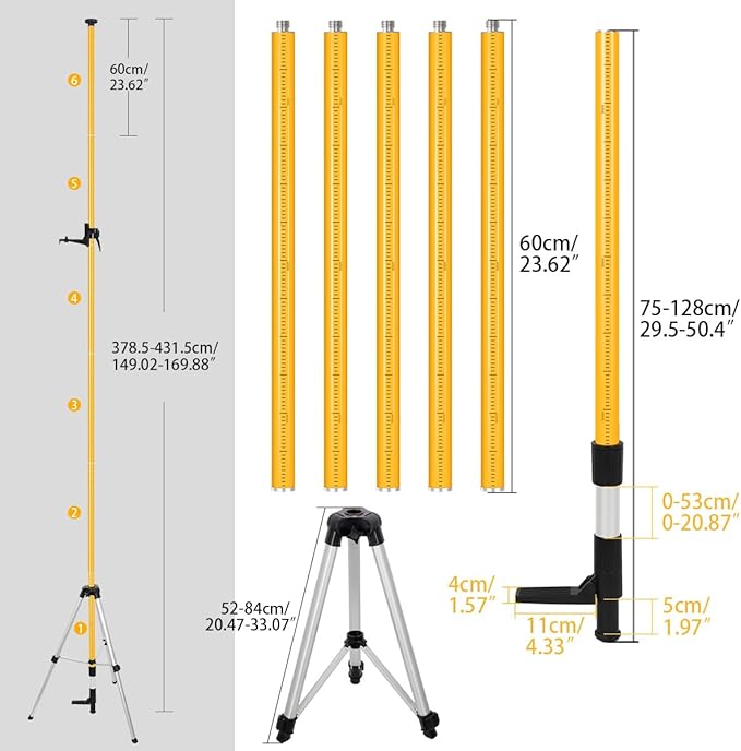 13.8Ft/4.2M Professional Laser Level Pole with Tripod & Mount - 1/4" & 5/8" Adapters, Adjustable Telescoping Laser Level Pole for Rotary/Line Lasers