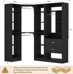 Corner Closet System with 2 Sets, 63.2" Corner Closet Organizer System with 2 Drawers + 18 Shelves + 3 Hanging Rods, Reversible L Shaped Walk-in Closets, Black (63.2" L x 39.2" W x 80" H)
