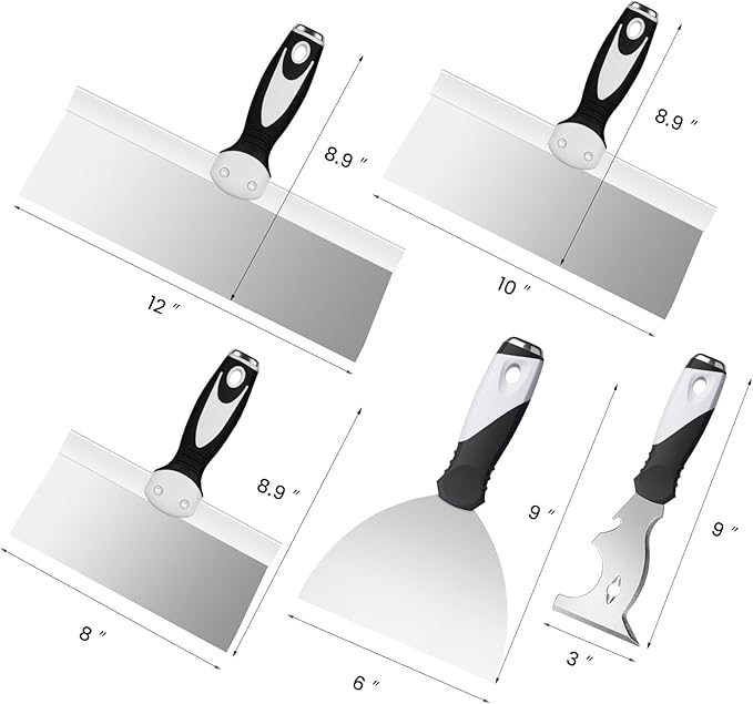 Mister Rui 5 Pack Drywall Knife Set, Stainless Steel Taping Tools, Paint Scrapers, Hand Tool Kit, Spackle Knife, Drywall Finishing Tools