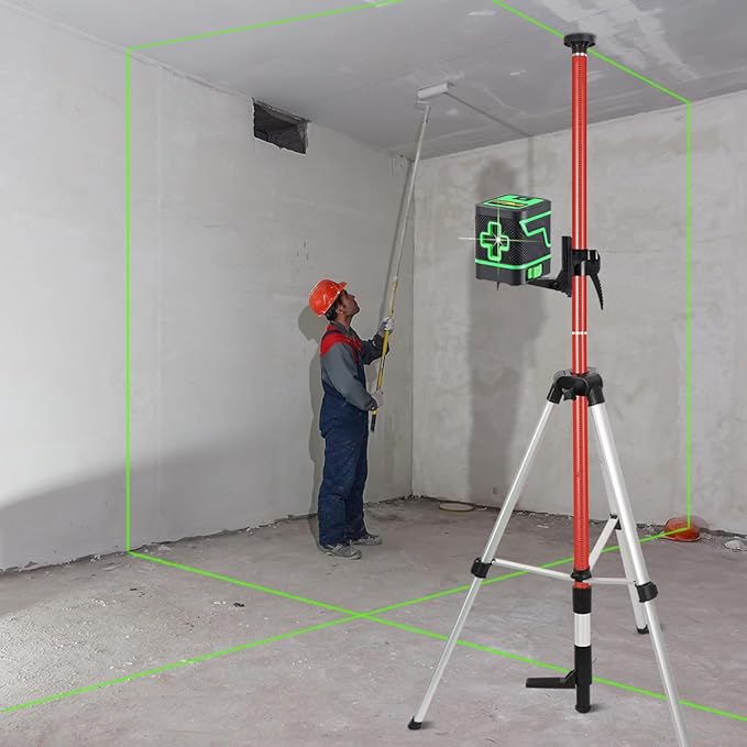 Laser Level Pole with Tripod, Telescoping Tripod, 12 Ft./3.7M with 1/4-Inch by 20-Inch Lasers' Mount for Rotary and Line Lasers' Level, 5/8"-11 Adapter Nut Included, Red