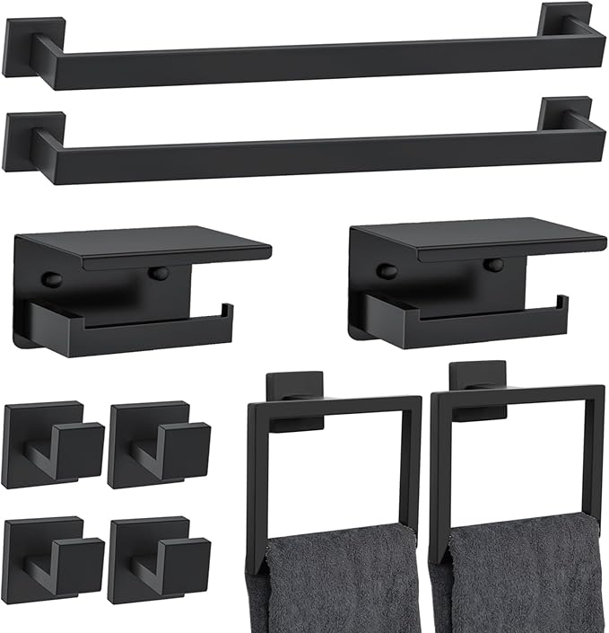 10 Pieces Black Towel Bar Set Bathroom Hardware Accessories Set Upgraded Toilet Paper Holder with Shelf Towel Holder Set for Bathroom Stainless Steel Wall Mounted 23.6in