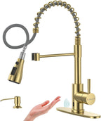 APPASO Brushed Gold Kitchen Faucet Touchless, Touchless Kitchen Faucet with Pull Down Sprayer and Soap Dispenser Gold, Single-Handle Spring Faucet for Kitchen Sink Stainless Steel, Brushed Gold