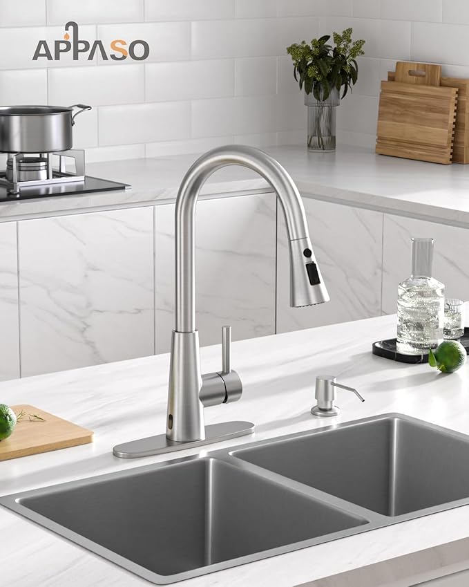 APPASO Touchless Kitchen Faucet with Soap Dispenser Brushed Nickel, Side Motion Sensor Kitchen Faucet, Single Hanle 3-Mode Hands-Free Faucet for Kitchen Sink