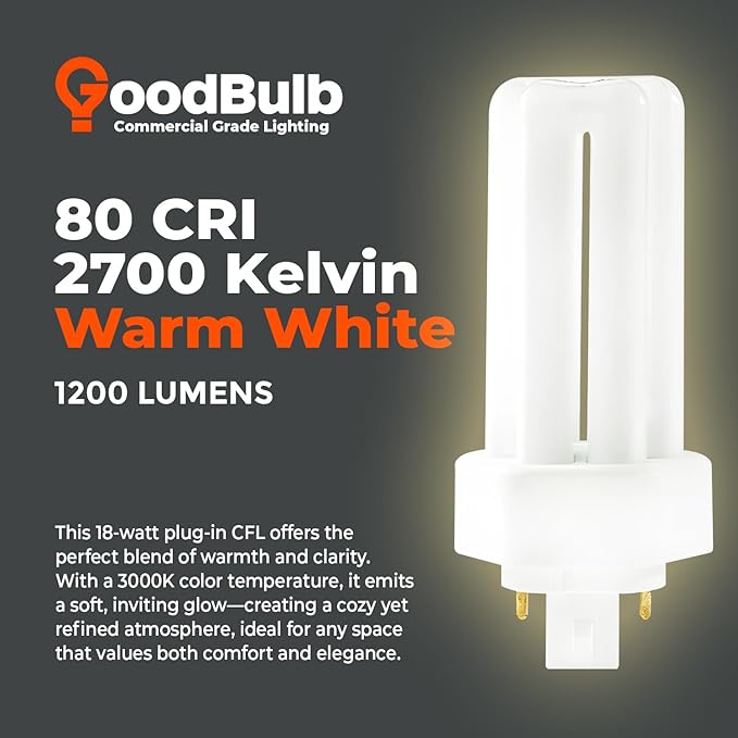 GoodBulb 18 Watt CFL Light Bulbs 4 Pin GX24Q-2 Base 3000K Warm White 18W High Output 1200 Lumens Triple Tube Compact Fluorescent Light Bulbs Plug-in 10 Pack