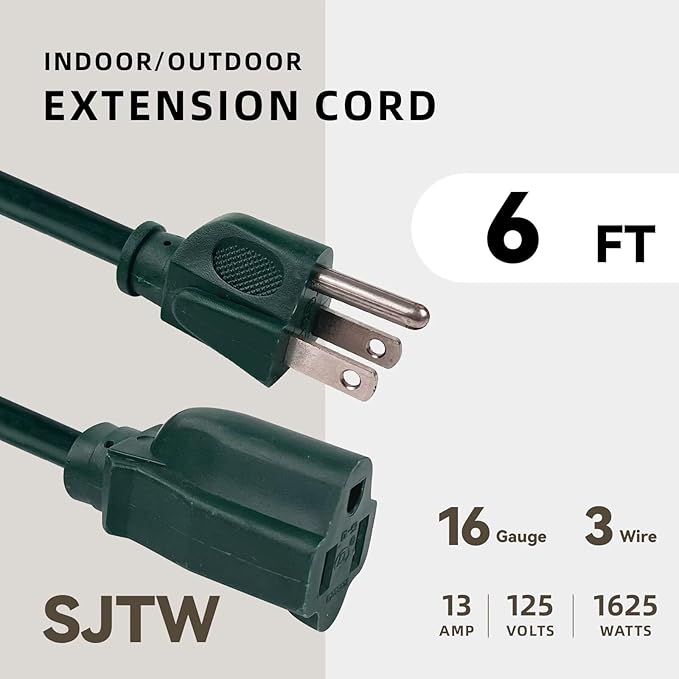 6ft Outdoor Extension Cord - 16/3 Heavy Duty SJTW Waterproof Green Electrical Cable with 3 Prong Grounded Plug for Safety, Great for Lawn and Major Appliances