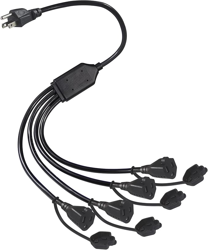 KUNCAN 4-Outlet Power Splitter Cord - 3 Prong 1 to 4 Way Male to Female Multi Plug Adapter, 1.5FT 16AWG 13A Y Style Extension Cord with Outlet Cover for Computer, LED Stage Light (Black 1-Pack)