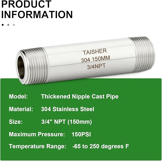 TAISHER 2PCS Stainless Steel Pipe Fittings, 3/4" NPT Male x 3/4" NPT Male Threaded, 6" Length Thickened Nipple Cast Pipe