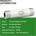 TAISHER 2PCS Stainless Steel Pipe Fittings, 3/4" NPT Male x 3/4" NPT Male Threaded, 6" Length Thickened Nipple Cast Pipe