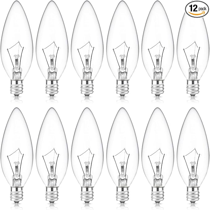E12 Candle Light Bulbs 25W Warm White 2500K, 250Lumen - B10 Clear Candelabra Base Bulbs Dimmable Chandelier Light Bulbs for Ceiling Fan, Pendants or Outdoor (12 Pack)