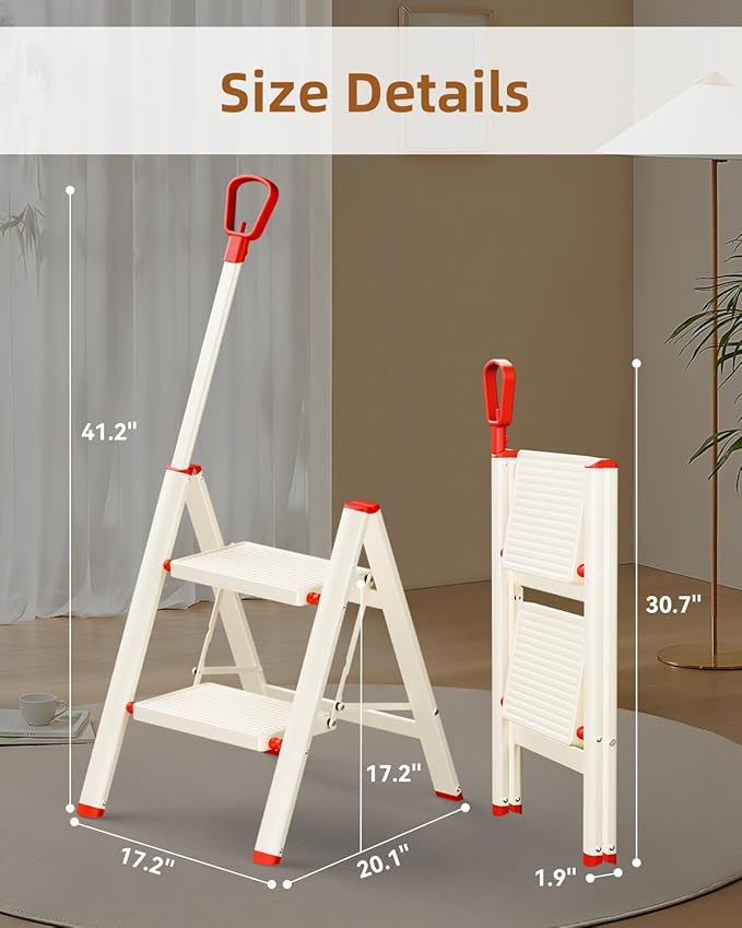 ASPERALD 2 Step Ladder with Single-Handrail,Foldable Step Stool with Anti-Slip Wide Pedals for Home Kitchen Closet,Lightweight Step Folding White