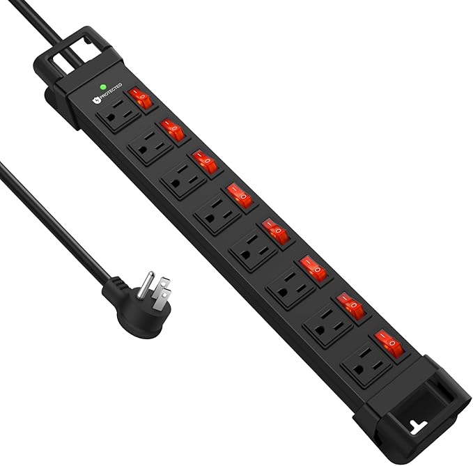 Heavy Duty Power Strip with Individual Switches,8 Outlets 14 Gauge Industrial Shop Garage Metal Multiple Outlets,1200J Surge Protector Mountable Power Strip,15FT Extension Cord Management (Black)