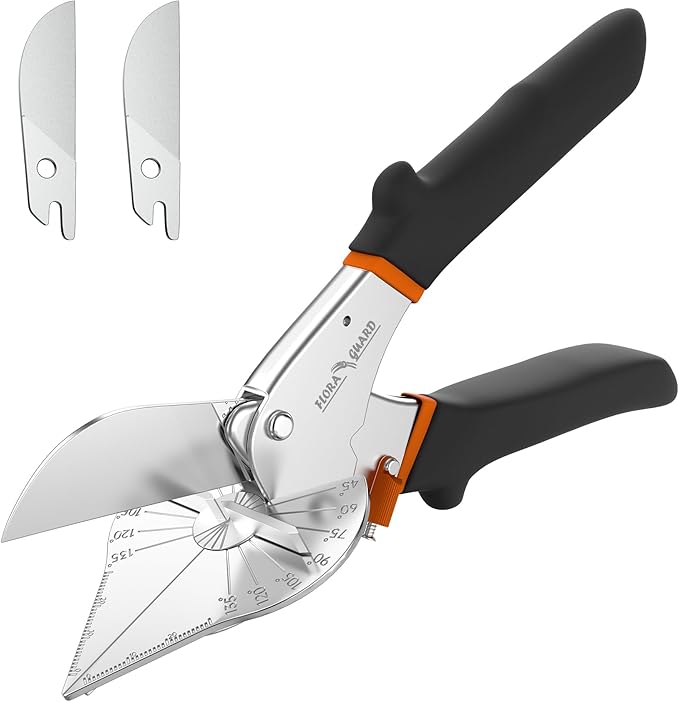 FLORA GUARD Miter Shears, Trimming Scissors for Angular Cutting of Molding, Adjustable at 45 to 135 Degrees, Hand Tool for Baseboard, PVC, DIY, Carpentry, and Crafts, with 2 Replacement Blades