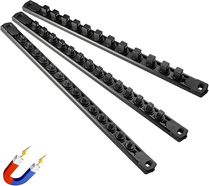 Magnetic Socket Organizer, 3-Piece Heavty Duty Aluminum Socket Holder, Socket Rail for Tool Box, Premium Quality 360° Swivel Socket Rack Kit with 40 Clips for 1/2, 3/8, 1/4-Inch(Black)