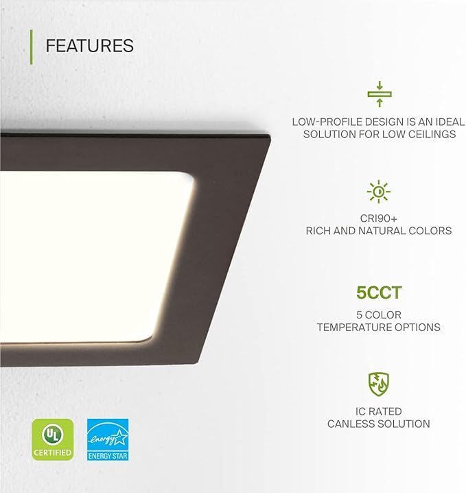ASD 6 Pack LED Square Recessed Lighting 6 Inch, 5 CCT 2700K-5000K, 15W 60W Eqv, Ultra Thin Dimmable Ceiling Lights with J Box, Canless Wafer Downlight, Slim Panel, UL Energy Star, Oil-Rubbed Bronze