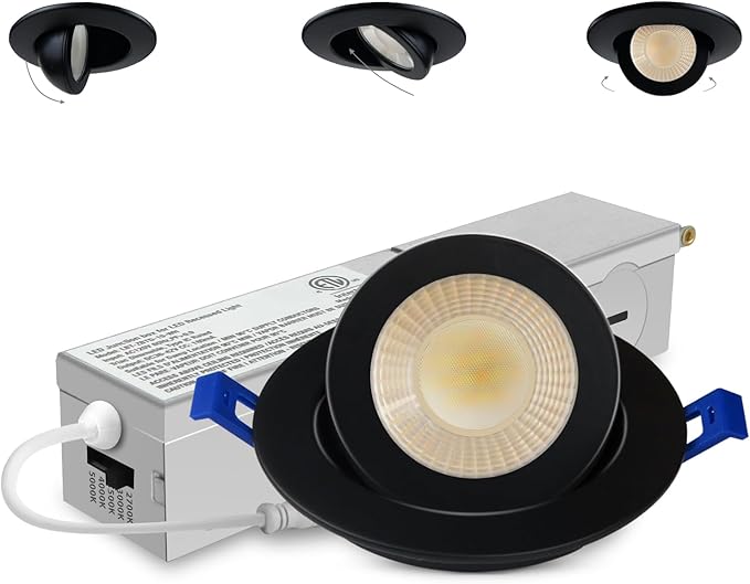 Adetu 2 Inch 5CCT Gimbal Black Led Recessed Lighting with Junction Box, 360°+90° Adjustable Led Recessed Lights, 2700K/3000K/3500K/4000K/5000K, 5W Eqv 50W, 550LM Brightness - ETL (Black, 1 Pack)