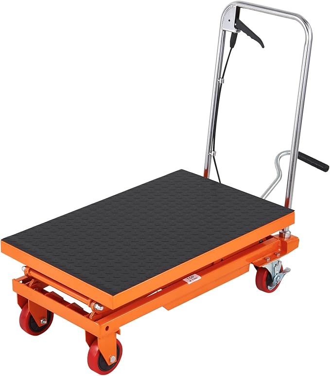 VEVOR Hydraulic Lift Table Cart, 330lbs Load Capacity 50 Inch Lifting Height, Manual Single Scissor Lift Table with Non-Slip Pad and 4 Wheels, Hydraulic Scissor Cart for Material Handling, Orange