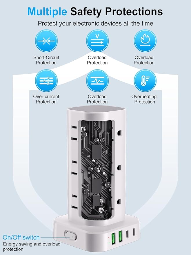 Power Strip Tower with Wireless Charger, Flat Plug Surge Protector Tower with 6FT Extension Cord, 12 AC Multiple Outlets, 4 USB (2 USB C),15W Wireless Charging Power Tower for Home Office Dorm, White