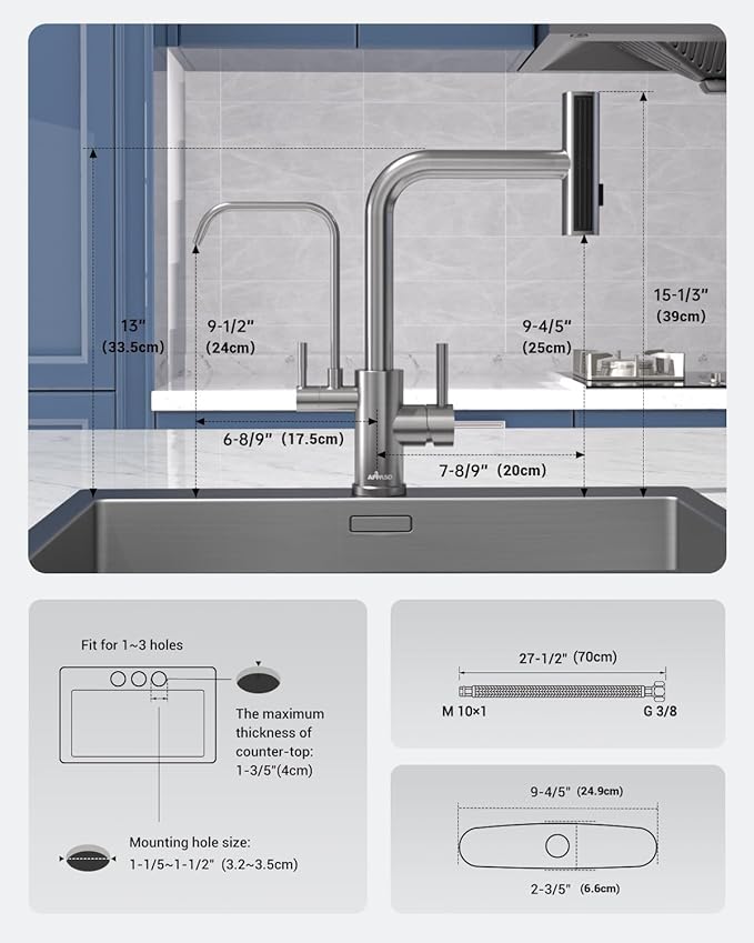 APPASO Waterfall Kitchen Faucet with Water Filter, 2 Handle Kitchen Sink Faucet, Brushed Nickel Kitchen Faucet with Pull Down Sprayer - 3 in 1 Kitchen Sink Faucet (Without Water Filtration Device)