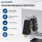 ELEGRP Decorator Receptacle, 15A 125V Standard Electrical Wall Outlet, 2 Pole 3 Wire, No-Tamper Resistant, NEMA 5-15R, Self-Grounding Residential Grade Outlet, UL (Glossy Black, 10 Pack)
