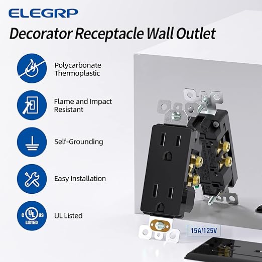 ELEGRP Decorator Receptacle, 15A 125V Standard Electrical Wall Outlet, 2 Pole 3 Wire, No-Tamper Resistant, NEMA 5-15R, Self-Grounding Residential Grade Outlet, UL (Glossy Black, 50 Pack)