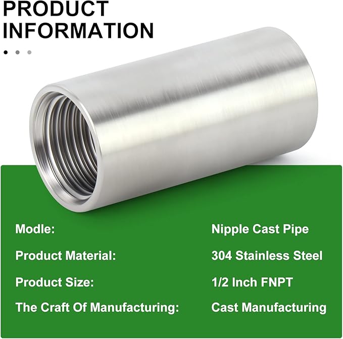 TAISHER 4PCS Stainless Steel Pipe Fittings, 1/2" NPT Female x 1/2" NPT Female Threaded, 2" Length Nipple Cast Pipe