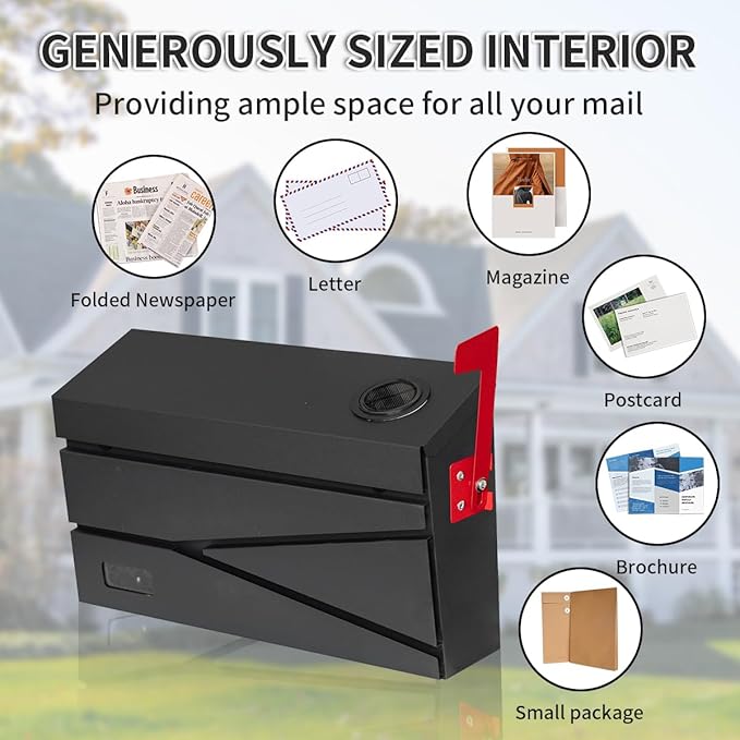 Wall Mount Mailbox, Large Capacity Mailbox for House, with Flag, Visibility Galvanized Steel Rust-Proof Metal Post Drop Box, Mailboxes for Outside, 15.74"×9.84"×4.33" Solar Lanterns Black