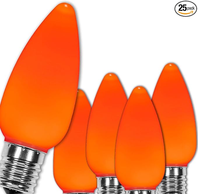 Wintergreen Lighting OptiCore 25 Count C9 LED Bulbs, Orange/Amber Smooth Finish, E17 Base Heavy Duty Replacement for Outdoor Christmas & Halloween Lighting