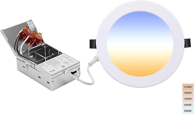 6-inch LED Recessed Lights - Slim Recessed Ceiling Light with Junction Box, 12W 5CCT Selectable Canless Lighting fixture, Dimmable, Easy Install for Bedroom, Kitchen, Living Room, 1 Pack, White