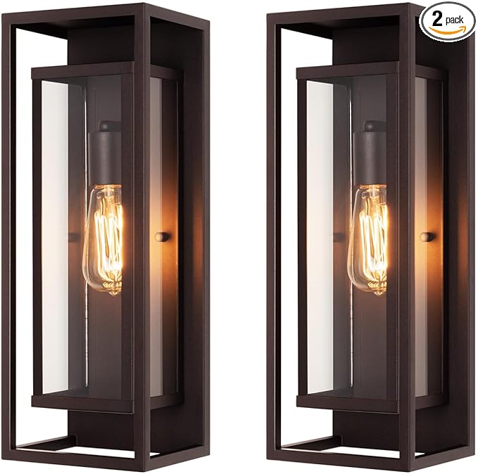 mirrea 18" Classic Outdoor Wall Sconce 1 Light in Rectangular Metal Frame and Clear Glass Shade Waterproof Porch Light Patio Light Pack of 2 (Oil Rubbed Bronze)