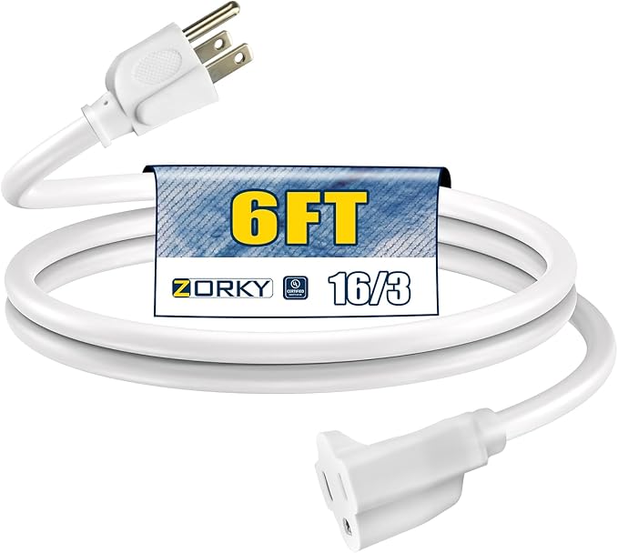 6ft Outdoor Extension Cord for Christmas Decorations - 16/3 Heavy Duty SJTW Waterproof White Electrical Cable with 3 Prong Grounded Plug for Safety, Great for Lawn and Major Appliances