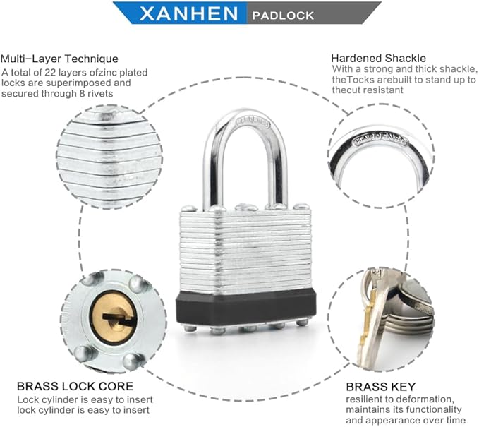 Lock Outdoor Padlocks, Key Lock, Padlocks with Same Key - Laminated Steel Keyed Padlocks with Normal Shackle, 60 Pack, for Hasp Latch, Sheds, Fences, Storage Locker, School, Gym, Silver