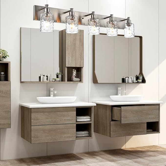 BONLICHT 5 Lights Sconces Wall Lighting Brushed Nickel with Hammered Glass Shade, Industrial Bathroom Light Fixtures Vanity Lights Porch Light Fixtures Classic Metal Wall Mount Lamp Over Mirror