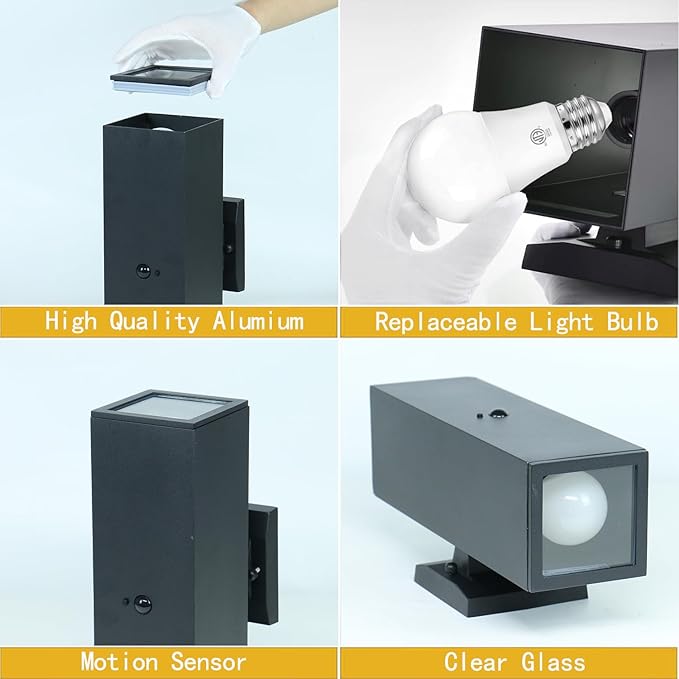 2 Pack Motion Sensor Outdoor Wall Lights, Dusk to Dawn Up & Down Sconces with E26 Dimmable LED Bulbs, Black Aluminum Porch, Patio, Garage,Front Door Lighting Fixtures, ETL Listed