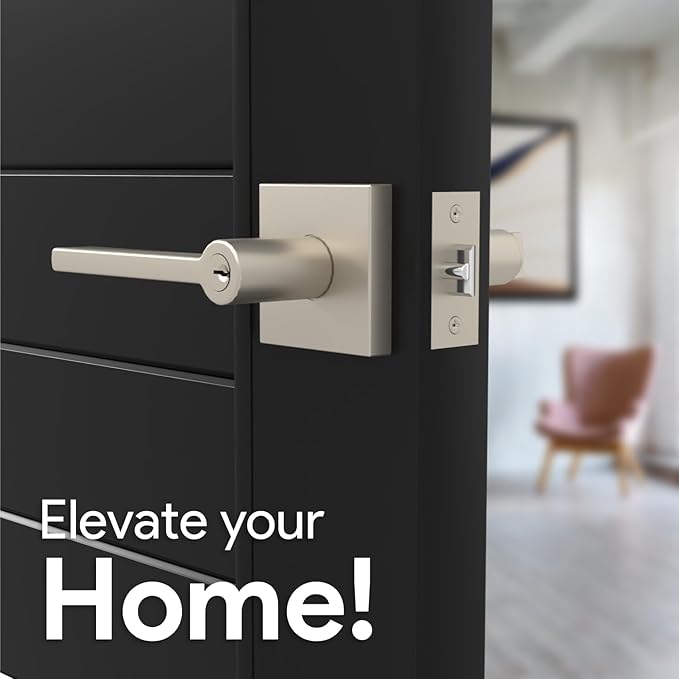 Mega Handles - Prime Entrance Handle, Entry Lever Door Handle, Heavy Duty Square Locking Lever Set for Left or Right-Handed Doors, Interior/Exterior Door Levers - Satin Nickel