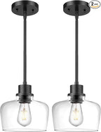 Emak 2 Pack Pendant Lights Kitchen Island, 8 Inch Black Pendant Light Fixtures with Clear Glass Shade, Modern Farmhouse Island Lights for Kitchen, Dining Room, Bar, PL122-BK-CG-2PK