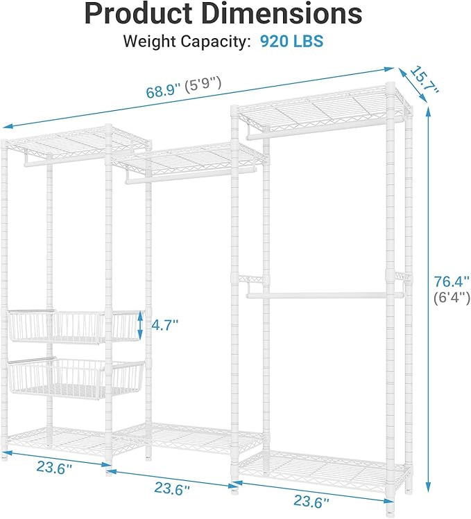 VIPEK V10 Wire Garment Rack 5-Tiers Heavy Duty Clothes Rack Large Size Clothing Rack with 4 Hanging Rods, 6 Wire Shelves and 2 Slid Baskets, 68.9" W x 15.7" D x 76.4" H, Max Load 920 LBS, White