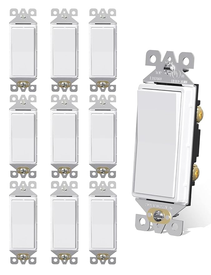AIDA Matte White Single Pole Decorator Light Switch, 15Amp, 120/277V, Decorative Paddle Rocker Switch Replacement, Electrical Wall Switch,Residential/Commercial Grade, UL/CUL (10 Pack)