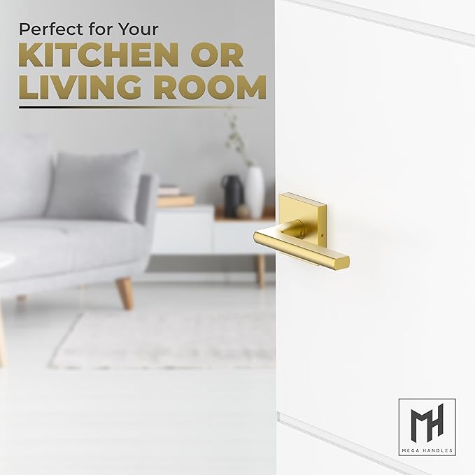 Mega Handles Prime Passage Lever Door Handle for Closet or French Doors, Single Side Door Levers, Fits All Standard Door Sizes, Covered Screws Included - Satin Brass (1 Pack) 5"