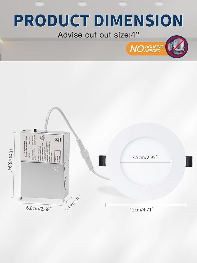 4-inch LED Recessed Lights - Slim Recessed Ceiling Light with Junction Box, 9W 5CCT Selectable Canless Lighting fixture, Dimmable, Easy Install for Bedroom, Kitchen, Living Room, 12 Pack, White