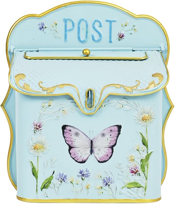 Mailbox Wall Mount Mailboxes for Outside Vintage Mail Boxes for House Outside Metal Drop Box Antique Style Nostalgic Charm Home Decorative Butterfly Blue