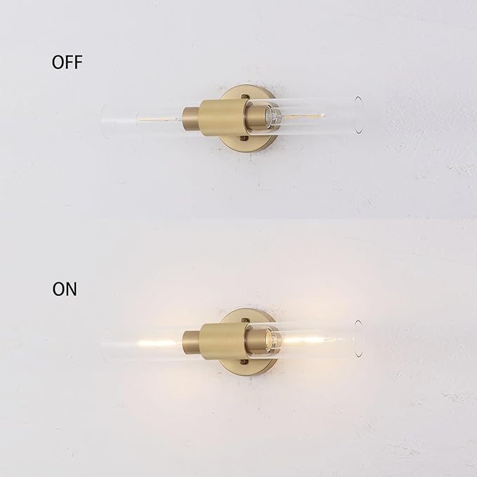 Gold Knurled Texture Wall Sconce Clear Glass Shade Modern Bathroom Vanity Light Fixtures 2-Lights Mid Century Wall Light for Mirror Living Room Hallway E26 T10 Bulbs(Excluded)