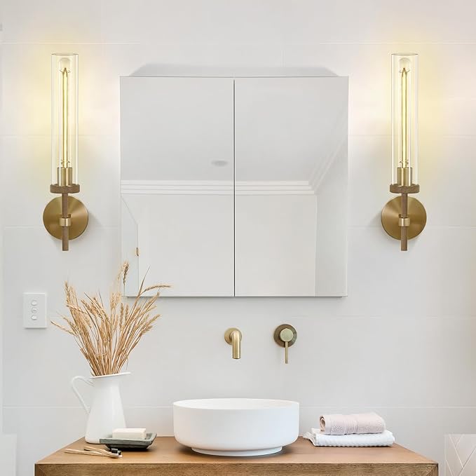 Brass Sconces Wall Lighting, 19" Tube Glass Gold Sconces, Bathroom Wall Sconces Lighting Vanity Lights Wall Lights for Living Room, Hallway, Fireplace, Staircase