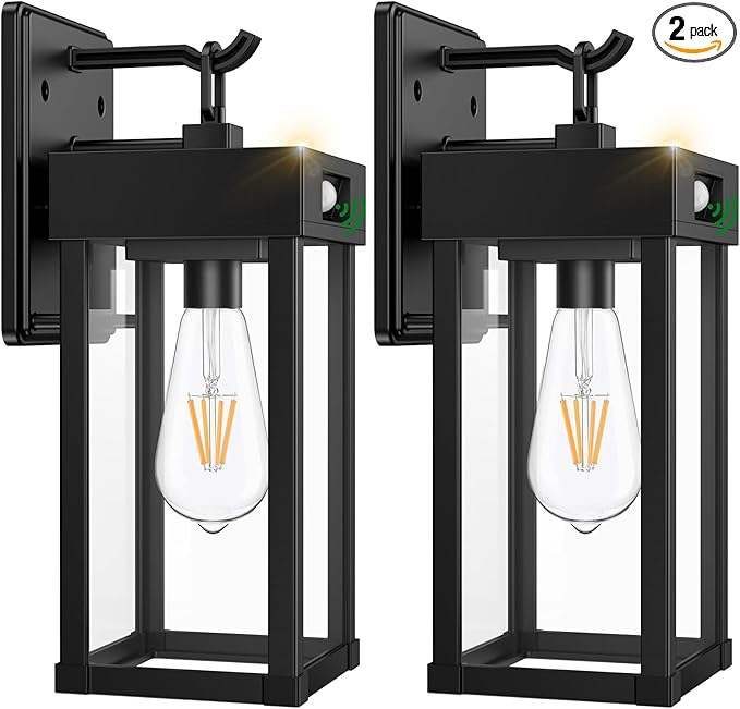 2 Pack Outdoor Solar Wall Light Fixtures With Dusk To Dawn Sensor,Large Size Black Outdoor Wall Lights with 3Lighting Modes,Exterior Waterproof Solar Wall Sconce Light for Outside,Garage(Black-2P)