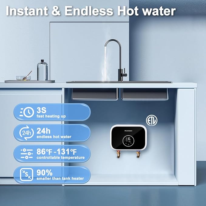 Electric Tankless Water Heater 240V, ECOTOUCH 6kW Point of Use Tankless Water Heater Instant Hot Water Heaters Electric with Self-modulation Technology ETL Certificated ECO60BE Black