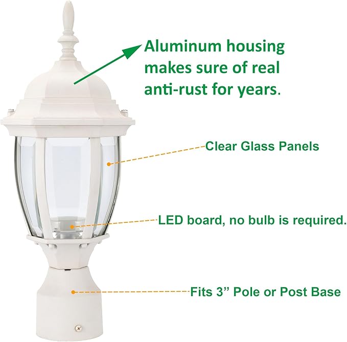 LIT-PaTH LED Outdoor Post Lighting Fixture, Pole Lantern, 9.5W 800 Lumens, 3000K Warm White, Aluminum Housing Plus Glass, Matte White Finish, 1-Pack