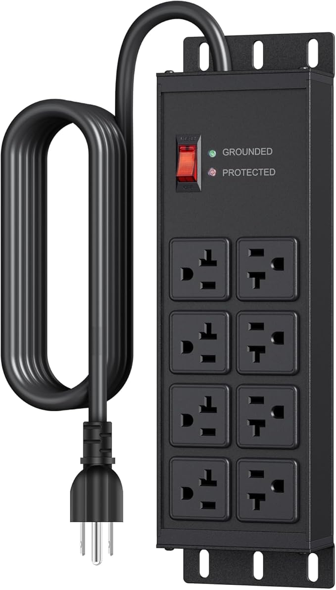 JUNNUJ Heavy Duty 20 Amp Surge Protector 4800J, Garage Metal 8 Outlets 12 Gauge, High Amp 5-15P Adapter Shop 6-20R T-Slot Industrial Outlet, 25 FT Extension Cord Commercial for Appliance