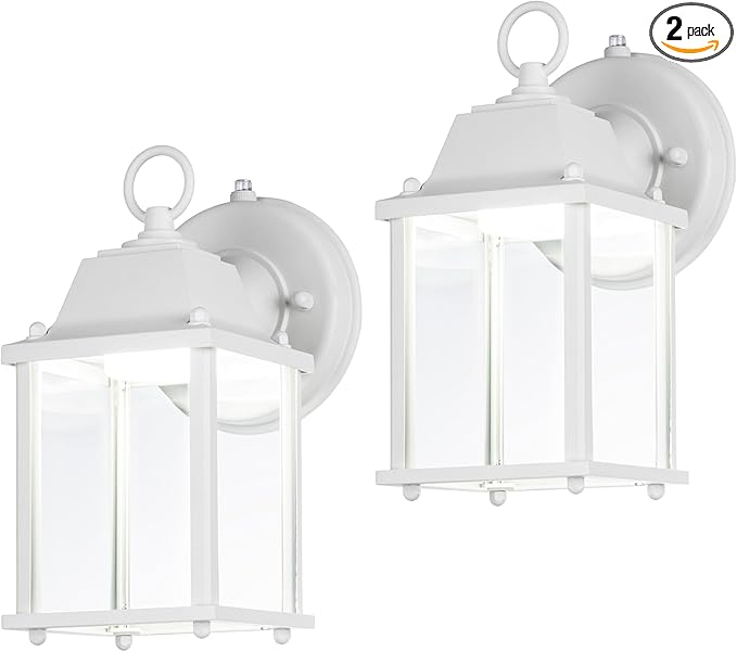LIT-PaTH Dusk to Dawn Outdoor Wall Lantern, LED Wall Sconce, 5000K Daylight White, 9.5W, 800 Lumen, Aluminum Housing Plus Glass, Outdoor Rated, 2-Pack, White
