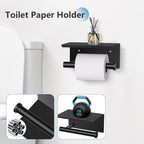 TNOMS 5 Pieces Towel Bar Set Matte Black Bathroom Hardware Set Upgraded Toilet Paper Holder with Shelf Towel Rail Set for Bathroom Stainless Steel Wall Mounted 23.6 Inch